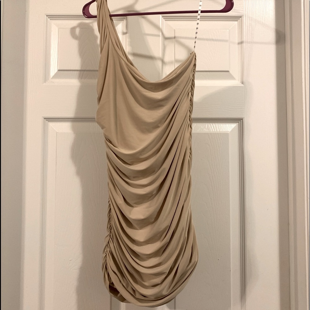 Nude Slinky Ruched One Shoulder Dress